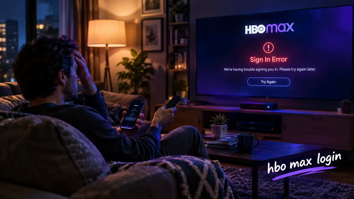 Frustrated user on a couch holding a smartphone and TV remote facing an HBO Max login sign in error message on a smart TV screen.