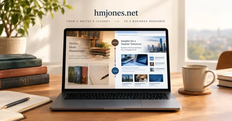 A laptop on a desk displaying the transition of hmjones.net on screen from a writer's fiction portfolio on the left to a modern business resource blog on the right.