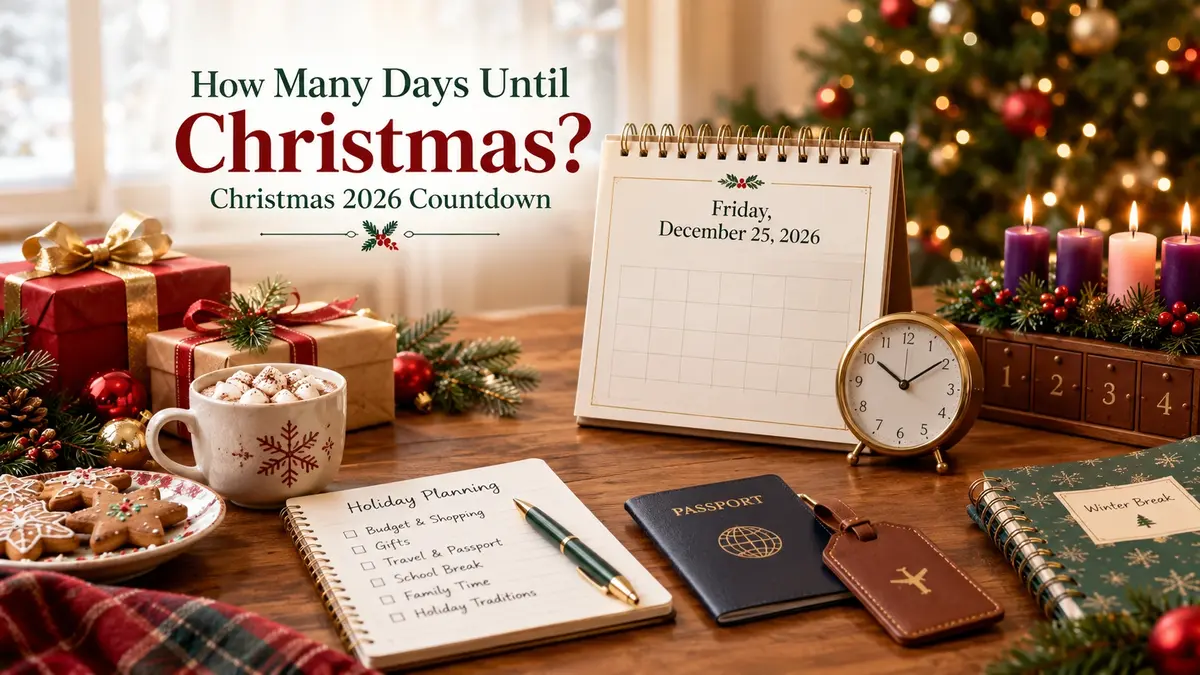 Wooden holiday desk with a Christmas 2026 calendar showing Friday, December 25, wrapped gifts, cocoa, planning checklist, passport, Advent candles and a Christmas tree