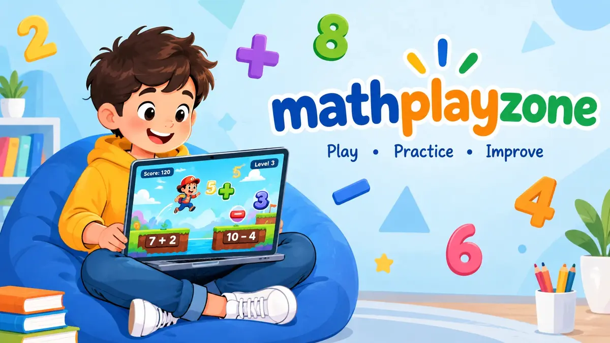 Young boy sitting on a blue bean bag playing a browser-based math arcade game on a laptop with the MathPlayZone logo in the background.