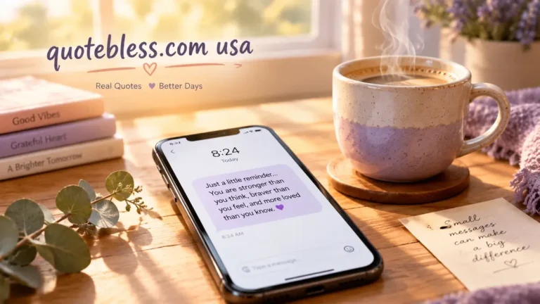 A smartphone on a sunny wooden desk showing an inspirational reminder message next to a steaming coffee mug and books, representing daily blessings from quotebless.com usa.