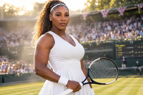 Serena Williams standing confidently on a grass court in a white tennis dress during her 2026 Wimbledon comeback.