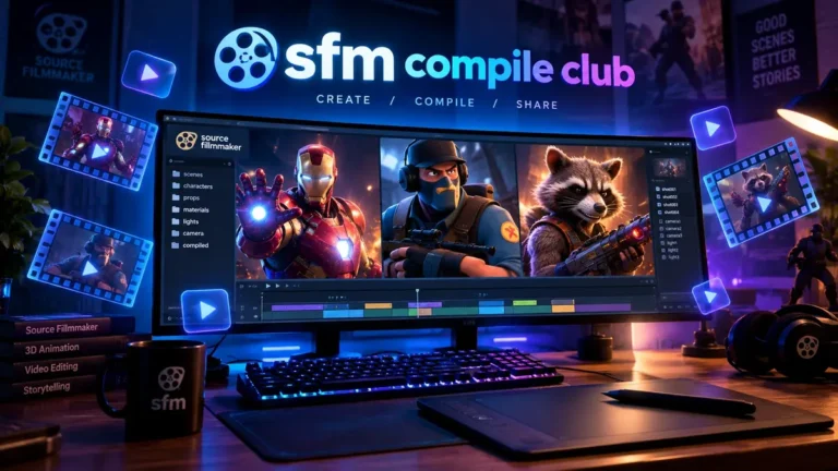 Ultrawide computer monitor displaying Source Filmmaker software UI with 3D models of Iron Man, a TF2 soldier, and Rocket Raccoon under glowing neon text reading 'sfm compile club'