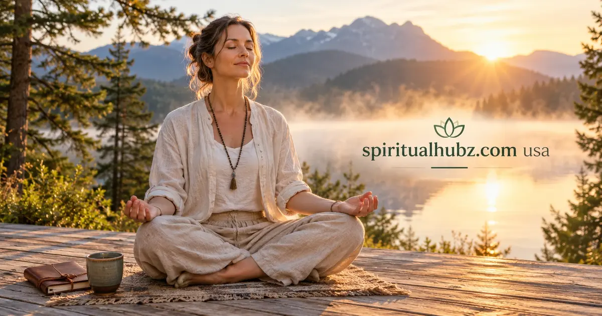 A woman sitting in cross-legged meditation on a wooden deck at sunrise overlooking a misty mountain lake, with the spiritualhubz.com usa logo displayed beside her.