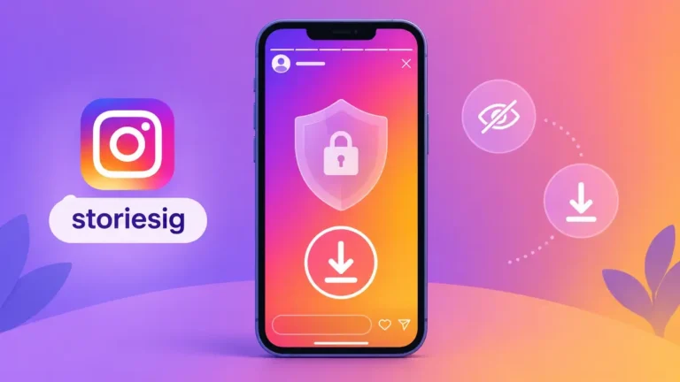 Smartphone displaying the Storiesig logo, privacy lock shield, anonymous hidden eye icon, and download arrow for viewing Instagram stories anonymously.