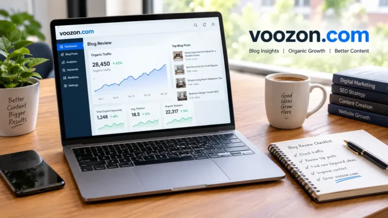 Laptop screen displaying a voozon.com blog review dashboard with organic traffic metrics, top performing posts, and an SEO strategy checklist on a wooden desk alongside marketing books and a coffee mug.