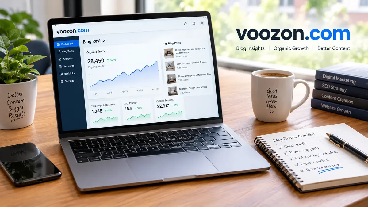 Laptop screen displaying a voozon.com blog review dashboard with organic traffic metrics, top performing posts, and an SEO strategy checklist on a wooden desk alongside marketing books and a coffee mug.