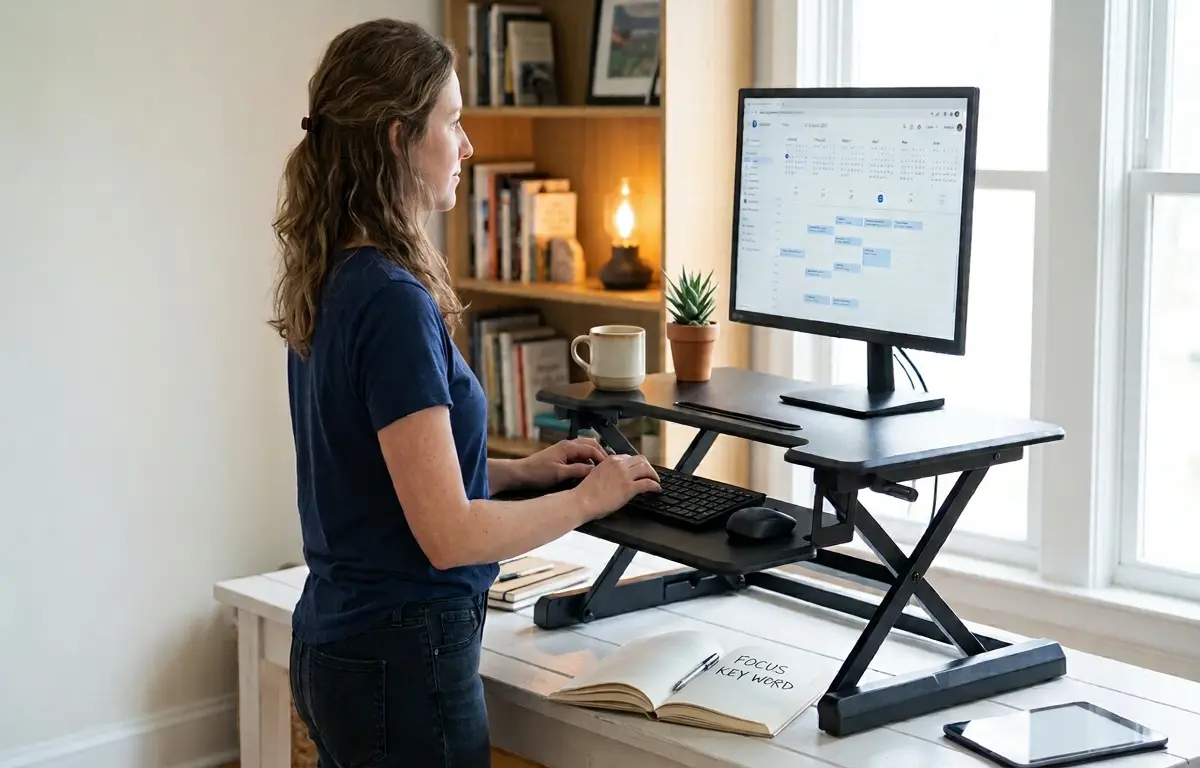 A person standing at a home office desk using a black pneumatic riser desk converter raised to standing height, with a monitor at eye level and keyboard on the lower tray, demonstrating how a riser desk sits on top of an existing desk
