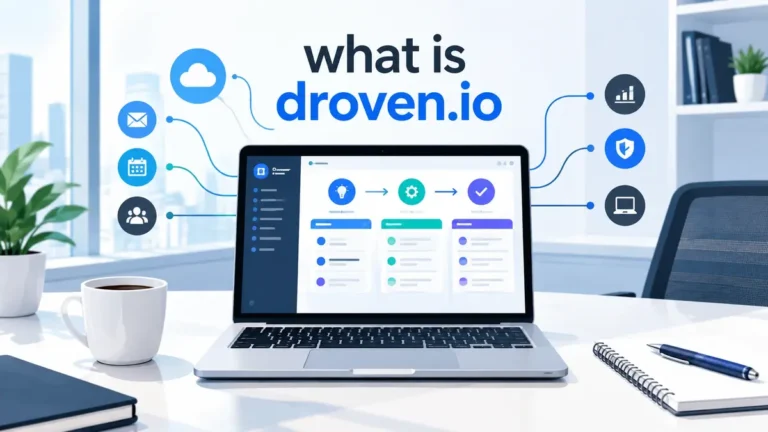 Laptop on a bright office desk displaying what is droven.io text above visual AI workflow automation icons.