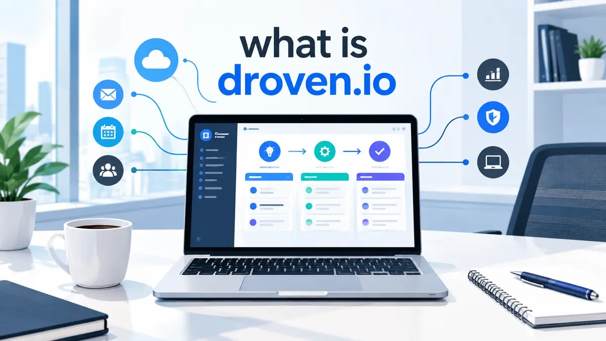 Laptop on a bright office desk displaying what is droven.io text above visual AI workflow automation icons.
