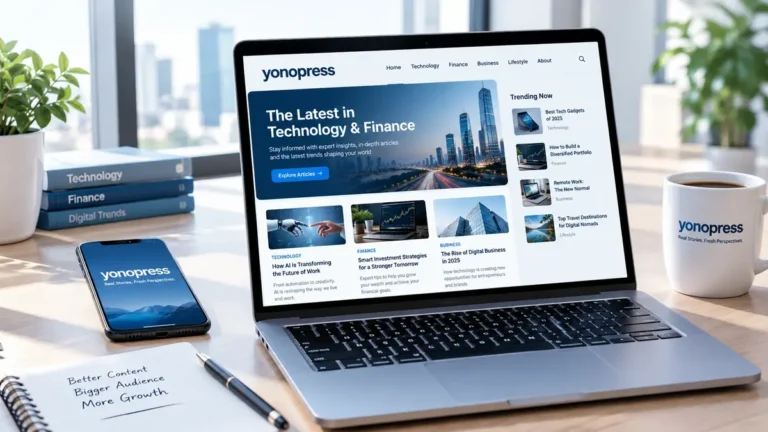 Laptop screen displaying the YonoPress website homepage featuring technology and finance articles alongside a branded mobile phone and coffee mug.